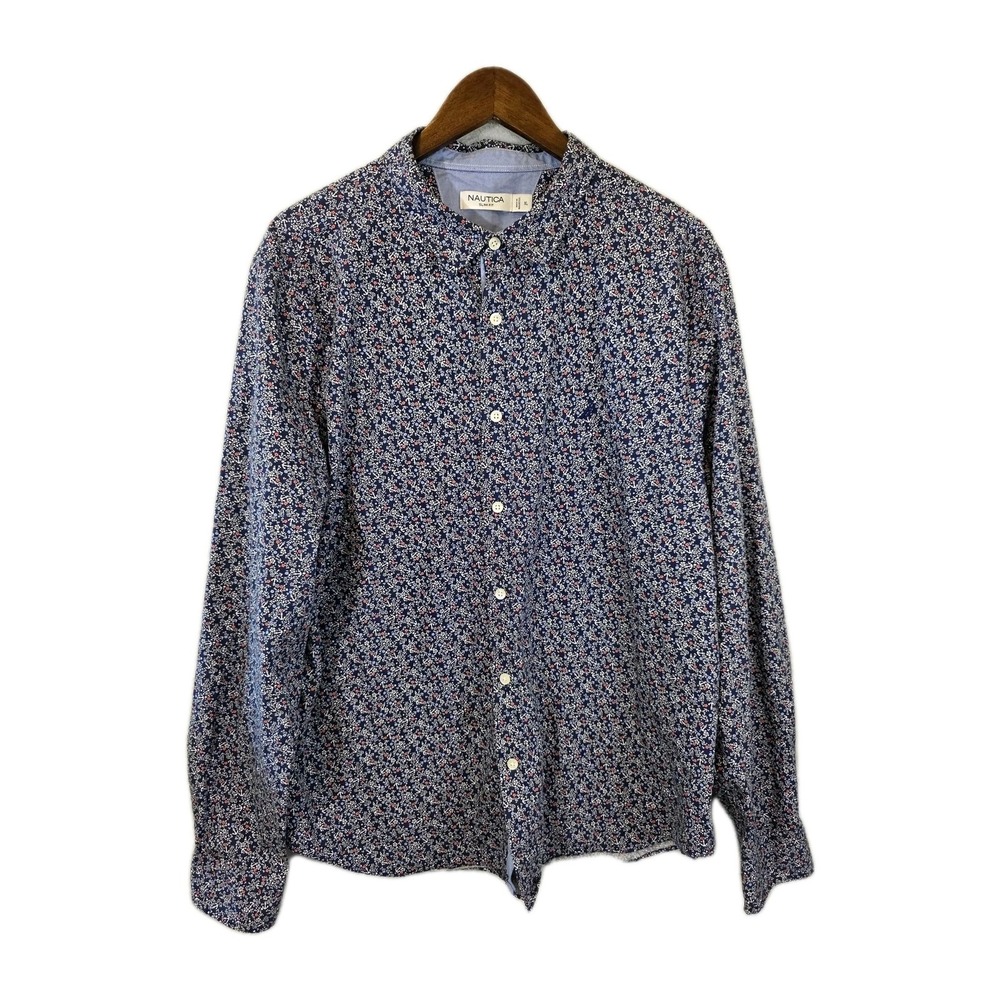 Nautica Shirt Mens XL Navy Blue Floral Anchor Long Sleeve Button Down Slim Fit